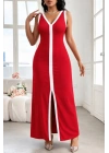 Kadın Askılı Derin V Yakalı Yırtmaç Detaylı Uzun Viskon Elbise