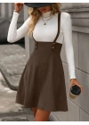 Kadın Askılı Düğmeli Mini Süet Elbise