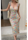 Kadın Askılı Göğüs Dekolteli Yırtmaçlı Desenli Midi Dalgıç Elbise