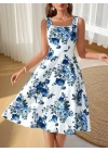 Kadın Askılı Kare Yakalı çiçek Desenli Midi Dalgıç Elbise