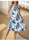 Kadın Askılı Kare Yakalı çiçek Desenli Midi Dalgıç Elbise