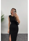Kadın Askılı Kolsuz Belden Büzgülü Yırtmaçlı Midi Janjan Krep Elbise