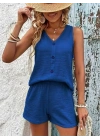 Kadın Askılı Kolsuz V Yakalı önden Düğmeli Bürümcük Bluz Ve Short Ikili Takım