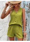 Kadın Askılı Kolsuz V Yakalı önden Düğmeli Bürümcük Bluz Ve Short Ikili Takım