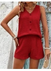 Kadın Askılı Kolsuz V Yakalı önden Düğmeli Bürümcük Bluz Ve Short Ikili Takım