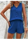 Kadın Askılı Kolsuz V Yakalı önden Düğmeli Bürümcük Bluz Ve Short Ikili Takım