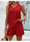 Kadın Askılı Kolsuz V Yakalı önden Düğmeli Bürümcük Bluz Ve Short Ikili Takım