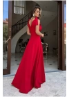 Kadın Askılı Omuzdan Bağlamalı Kruvaze Yakalı Uzun Yırtmaçlı Janjan Krep Elbise