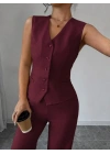 Kadın Askılı önden Düğmeli Bluz Ve Pantolon Keten Ikili Takım
