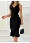 Kadın Askılı V Yaka Arkadan Fermuarlı Dalgıç Elbise