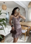 Kadın Askılı V Yaka Beli Pileli Leopar Desen Eteği Fırfırlı Süprem Elbise