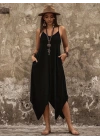 Kadın Askılı V Yakalı Cep Detaylı Asimetrik Kesim Detaylı Viskon Elbise
