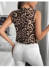 Kadın Askılı V Yakalı önden Düğmeli Leopar Desenli Atlas Ceket