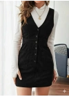 Kadın Askılı V Yakalı önden Düğmeli Mini Kalın Fitilli Kadife Elbise