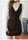 Kadın Askılı V Yakalı önden Düğmeli Mini Kalın Fitilli Kadife Elbise