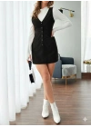 Kadın Askılı V Yakalı önden Düğmeli Mini Kalın Fitilli Kadife Elbise