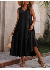 Kadın Askılı V Yakalı Uzun Dokuma Viskon Elbise