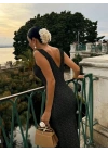 Kadın Askılı V Yakalı Uzun Triko Elbise