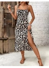 Kadın Askılı Yakadan Bağcıklı Yırtmaçlı Leopar Desenli Midi Süprem Elbise