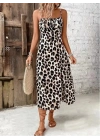 Kadın Askılı Yakadan Bağcıklı Yırtmaçlı Leopar Desenli Midi Süprem Elbise