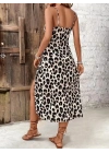 Kadın Askılı Yakadan Bağcıklı Yırtmaçlı Leopar Desenli Midi Süprem Elbise