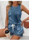 Kadın Askılı Yuvarlak Yaka çiçek Baskılı Süprme Bluz Ve Short Ikili Takım
