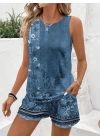 Kadın Askılı Yuvarlak Yaka çiçek Baskılı Süprme Bluz Ve Short Ikili Takım