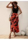 Kadın Askılı Yuvarlak Yaka üst Viskon Alt Desenli Uzun Süprem Elbise