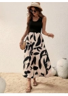 Kadın Askılı Yuvarlak Yaka üst Viskon Alt Desenli Uzun Süprem Elbise
