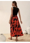 Kadın Askılı Yuvarlak Yaka üst Viskon Alt Desenli Uzun Süprem Elbise