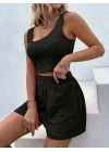 Kadın Askılı Yuvarlak Yakalı Burgu Krop Ve Bluz Short Ikili Takım