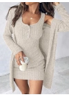 Kadın Askılı Yuvarlak Yakalı önü Düğmeli şardonlu Kaşkorse Mini Elbise Ve Kısa Ceket
