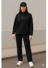 Kadın Balıkçı Yaka Fermuar Detay Polar Sweat Ve Pantolon Ikili Takım