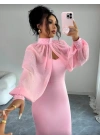 Kadın Balıkçı Yaka İnci Ve Tül Detay Dalgıç Kumaş Maxi Boy Elbise