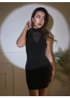Kadın Balıkçı Yaka Tül Detay Kolsuz Mini Elbise