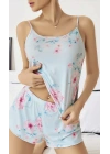 Kadın Bebek Mavisi Çiçek Desenli Askılı Şortlu Pijama Takım 5011