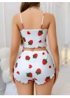 Kadın Beyaz Çilek desenli Şortlu Pijama Takımı 5053