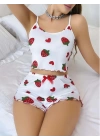 Kadın Beyaz Çilek desenli Şortlu Pijama Takımı 5053