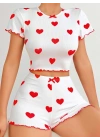 Kadın Beyaz kırmızı kalp Desenli şortlu Gecelik Takım 5023