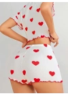 Kadın Beyaz kırmızı kalp Desenli şortlu Gecelik Takım 5023