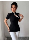Kadın Beyaz şerit Detaylı Dar Kesim Dik Yaka Bluz