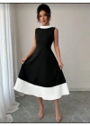 Kadın Bisiklet Yaka çift Renk çan Etek Detay Krep Kumaş Maxi Boy Elbise