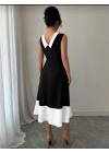 Kadın Bisiklet Yaka çift Renk çan Etek Detay Krep Kumaş Maxi Boy Elbise