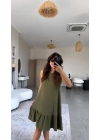 Kadın Bisiklet Yaka Eteği Volanlı Bürümcük Elbise