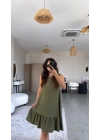Kadın Bisiklet Yaka Eteği Volanlı Bürümcük Elbise
