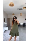 Kadın Bisiklet Yaka Eteği Volanlı Bürümcük Elbise