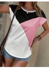 Kadın Bisiklet Yaka üç Renk Viskon T-shirt