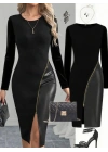 Kadın Bisiklet Yaka Uzun Kollu Deri Ve Fermuar Detay Mini Yırtmaçlı Elbise