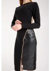 Kadın Bisiklet Yaka Uzun Kollu Deri Ve Fermuar Detay Mini Yırtmaçlı Elbise