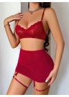 Kadın Bordo Etek Fantazi Jartiyer Sexy Gecelik Takım 2151